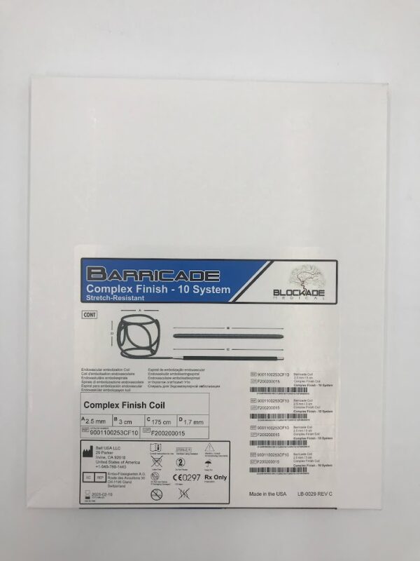 BALT 9001100253CF10 Barricade Complex Finish - 10 System Stretch-Resistant Endovascular Embolization Coil 2.5mm x 3cm x 175cm x 1.7mm (X)