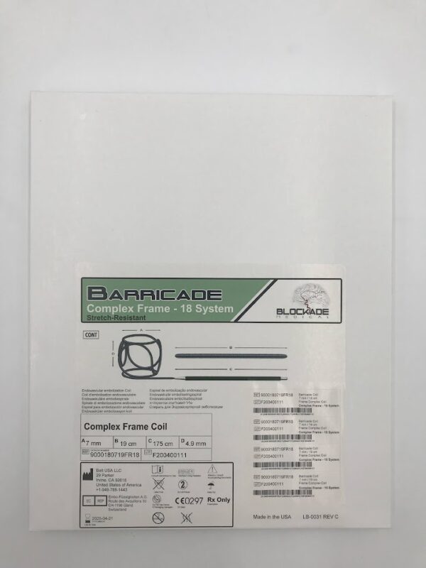 BALT 9000180719FR18 Barricade Complex Frame - 18 System Stretch-Resistant Endovascular Embolization Coil 7mm x 19cm x 175cm x 4.9mm (X)