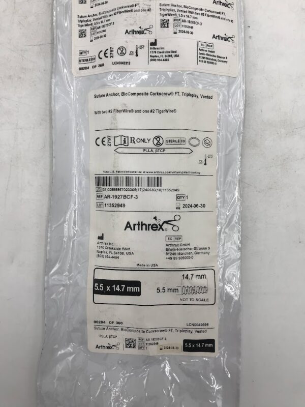 ARTHREX AR-1927BCF-3 Suture Anchor, BioComposite CorkScrew FT, TriplePlay, Vented w/ Two #2 Fiberwire and one #2 TigerWire 5.5 x 14.7mm (X)