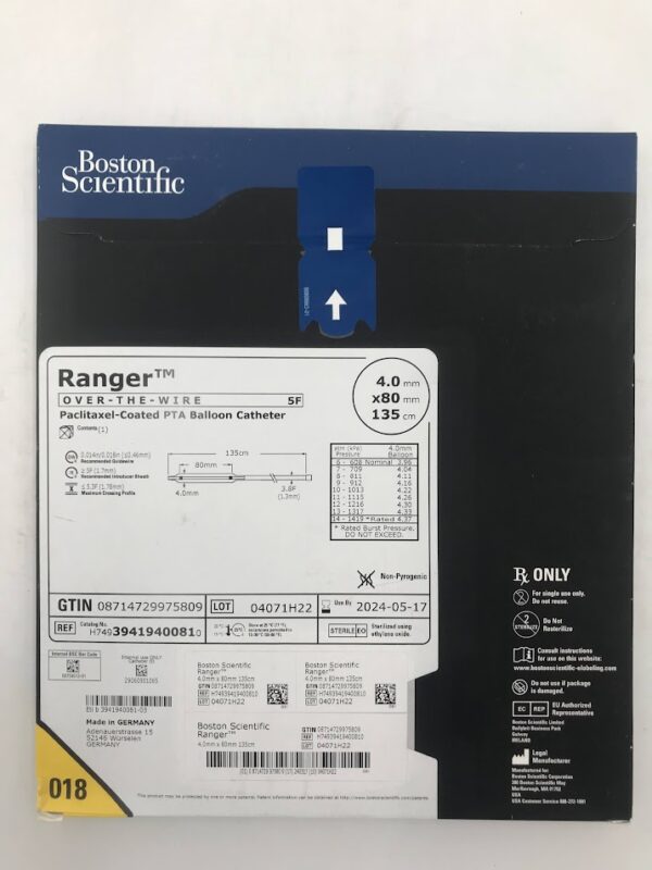 BOSTON SCIENTIFIC 3941940081 Ranger Over-The-Wire Paclitaxel-Coated PTA Balloon Catheter 5F 4.0mm x 80mm x 135cm (X)