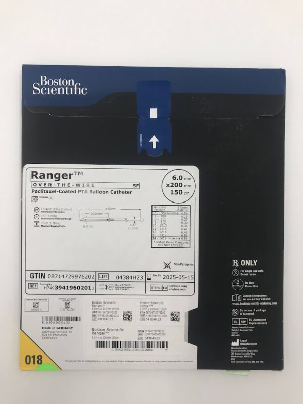 BOSTON SCIENTIFIC 3941960201 Ranger Over-The-Wire Paclitaxel-Coated PTA Balloon Catheter 5F 6.0mm x 200mm x 150cm (X)