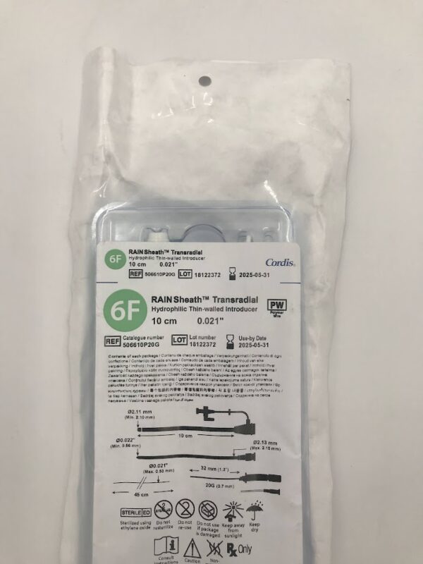 CORDIS 506610P20G RAIN Sheath Transradial Hydrophilic Thin-Walled Introducer 6F 10cm x 0.021in (X)