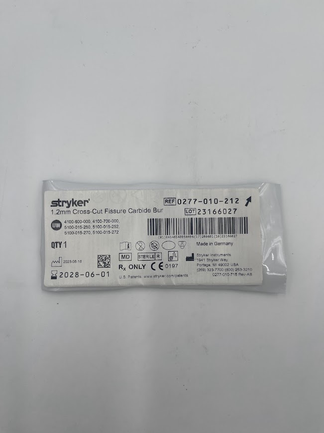 STRYKER INSTRUMENTS 0277-010-212 Cross-Cut Fissure Carbide Bur (1.2mm Diameter)