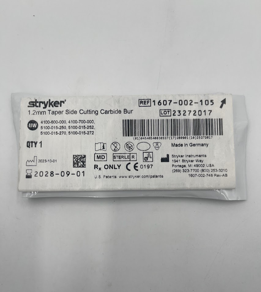 STRYKER INSTRUMENTS 1607-002-105 Taper Side Cutting Carbide Bur (1.2mm Diameter)