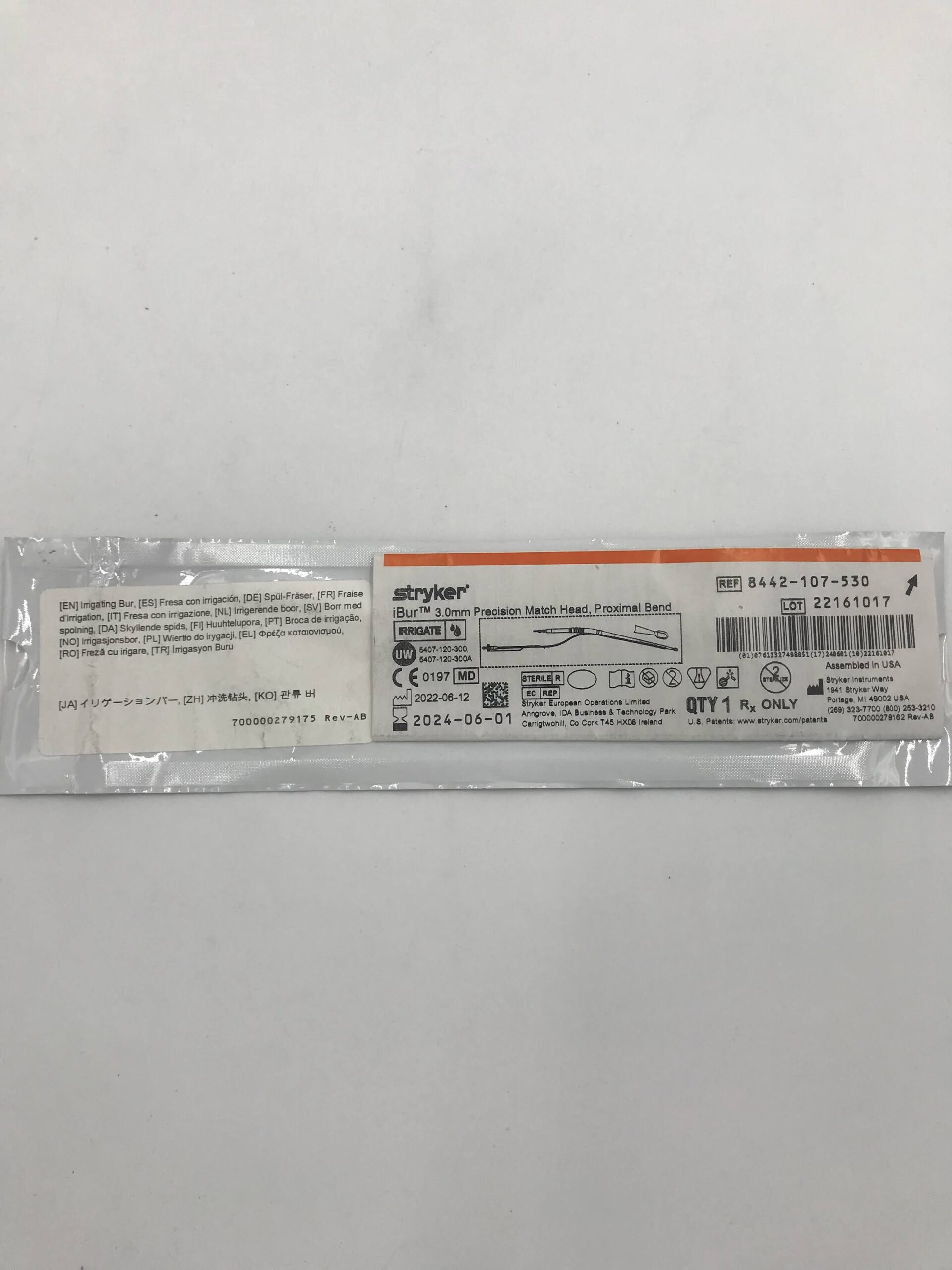 STRYKER INSTRUMENTS 8442-107-530 iBur 3.0mm Precision Match Head, Proximal Bend (X)