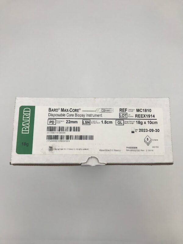 BARD MC1810 Max-core Disposable Core Biopsy Instrument Length Of Sample Notch: 1.7cm Gauge Size And Needle Length: 18g X 10cm Penetration Depth: 22mm (5/box) (X)