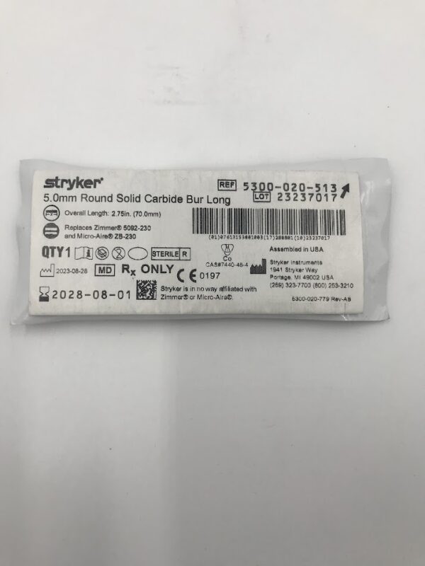 STRYKER INSTRUMENTS 5300-020-513 5.0mm Round Solid Carbide Bur Long