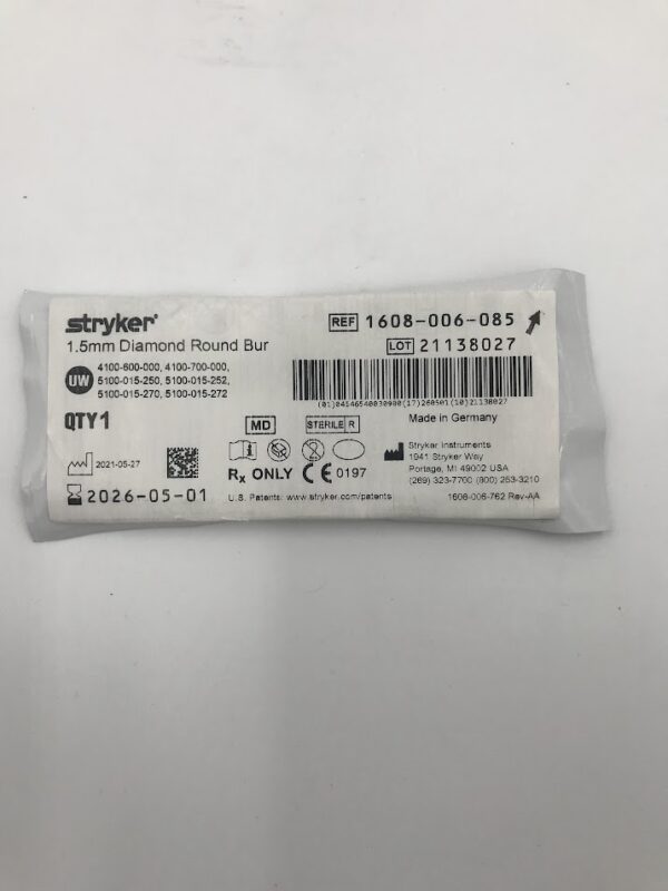 STRYKER INSTRUMENTS 1608-006-85 Round Diamond Bur Medium 1.5mm