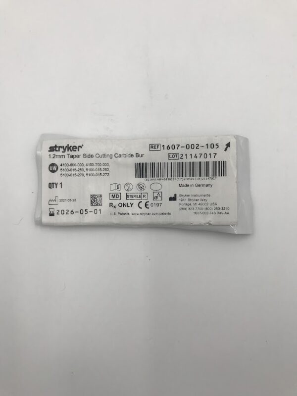 STRYKER INSTRUMENTS 1607-002-105 Taper Side Cutting Carbide Bur (1.2mm Diameter)
