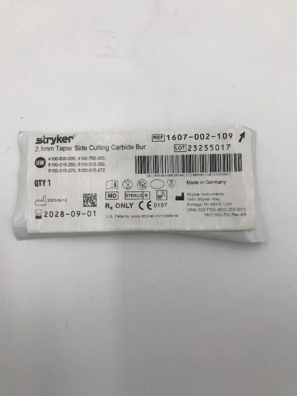 STRYKER INSTRUMENTS 1607-002-109 Taper Side Cutting Carbide Bur (2.1mm Diameter)