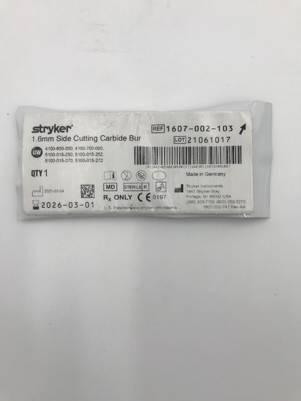 STRYKER INSTRUMENTS 1607-002-103 Side Cutting Carbide Bur (1.6mm Diameter)