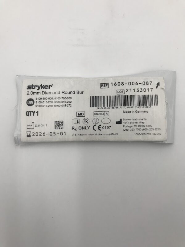 STRYKER INSTRUMENTS 1608-006-087 2.0mm Diamond Round Bur