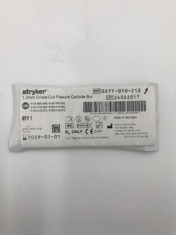 STRYKER INSTRUMENTS 0277-010-212 Cross-Cut Fissure Carbide Bur (1.2mm Diameter)