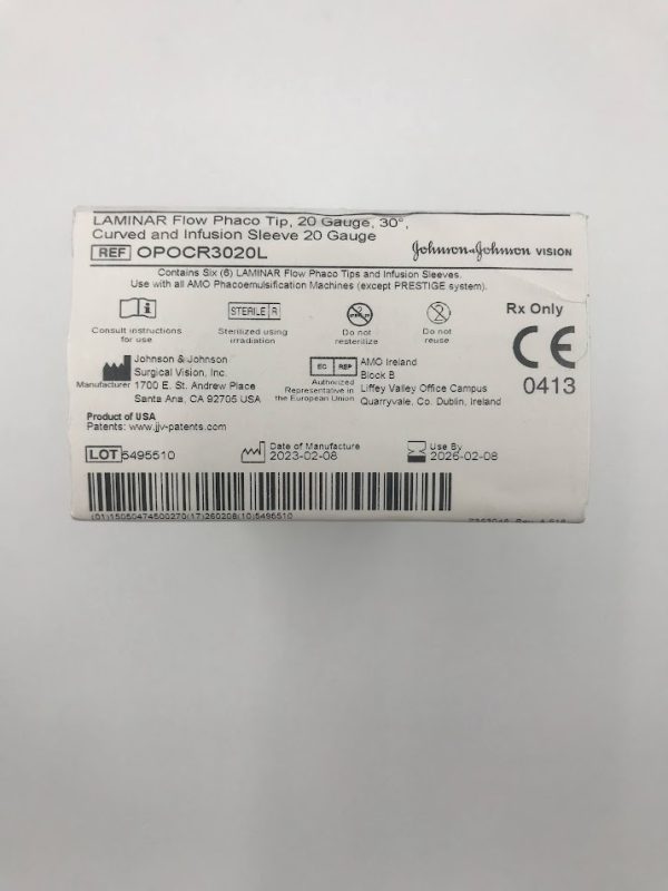 JOHNSON & JOHNSON OPOCR3020L Laminar Flow Phaco Tip, 20 gauge 30deg Curved And Infusion Sleeve 20 gauge