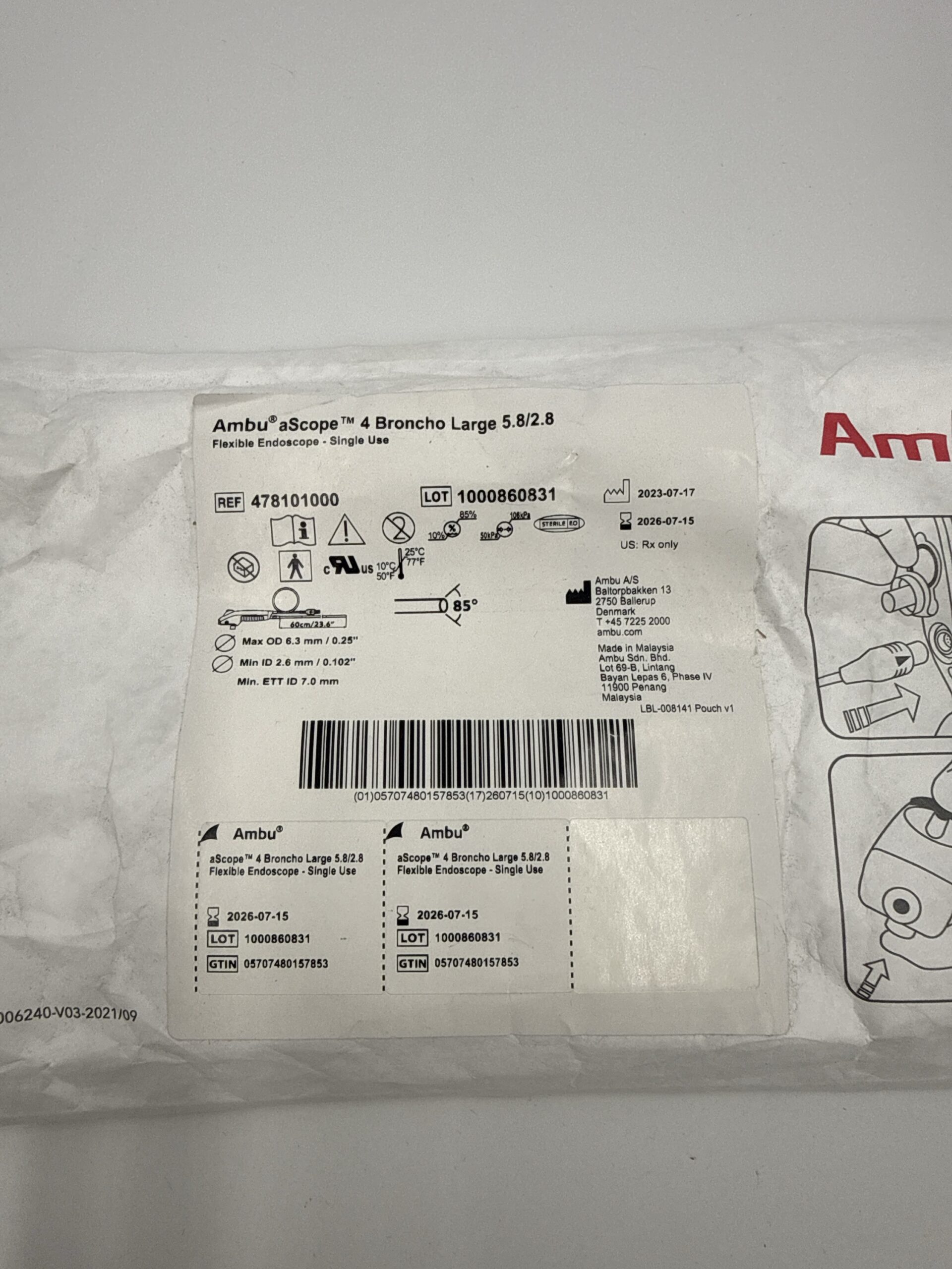 AMBU 478101000 Ascope 4 Broncho Large 5.8/2.8 Flexible Endoscope - Single Use