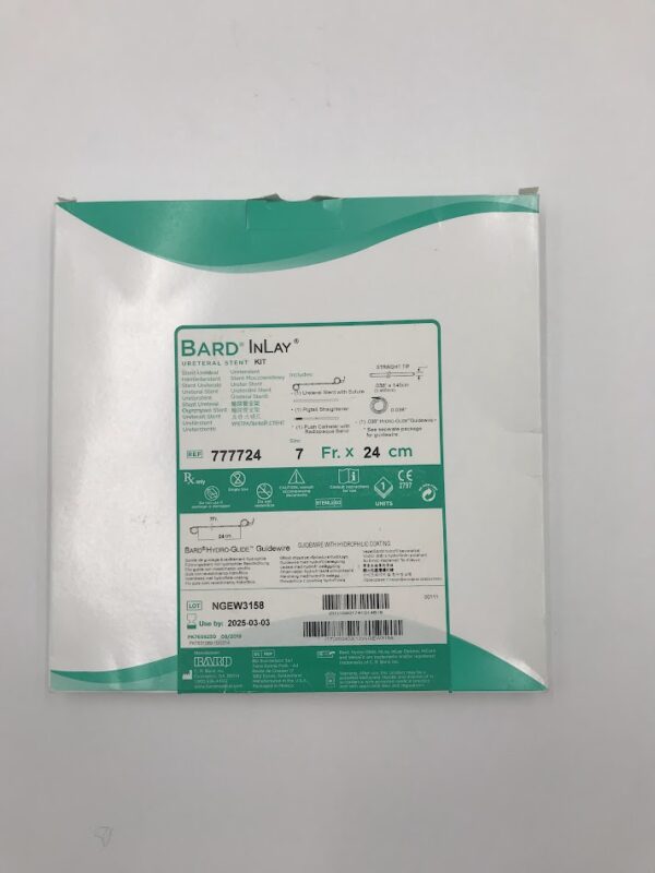 BARD 777724 Bard Inlay Ureteral Stent Size: 7FR. x 24cm Includes: Ureteral Stent With Suture (1) Push Catheter With Radiopaque Band (1) Pigtail Straightner (X)