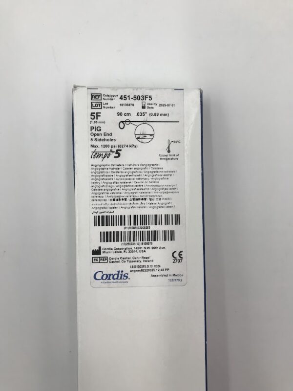 CORDIS 451-503F5 Pig Tempo 5 Angiographic Catheter 5F 90cm 0.035" Open End 5 Sideholes (5/Box) (X)