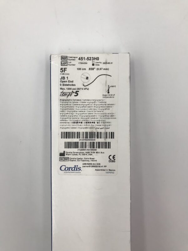 CORDIS 451-523H0 JB1 Tempo 5 Angio Graphic Catheter 5F 100cm .038" Open End 0 Sideholes (5/Box) (X)