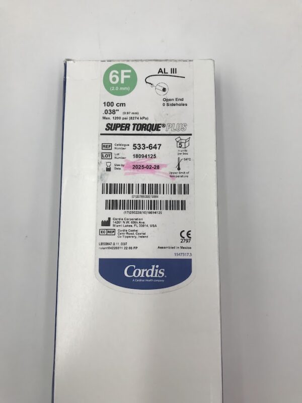 CORDIS 533-647 AL III Diagnostic Catheter 6F 0.038" Open End 0 Sideholes. Super Torque (5/Box) (X)