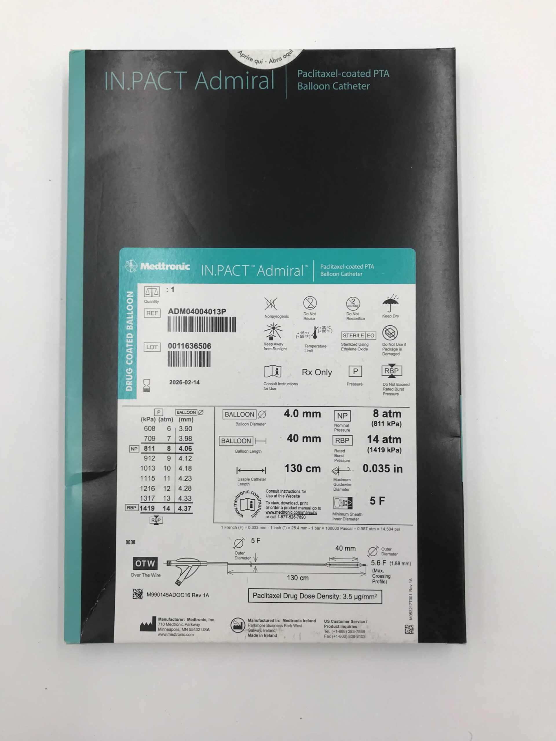 MEDTRONIC ADM04004013P IN.PACT Admiral Paclitaxel-Coated PTA Balloon Catheter 4.0mm x 40mm x 130cm (X)