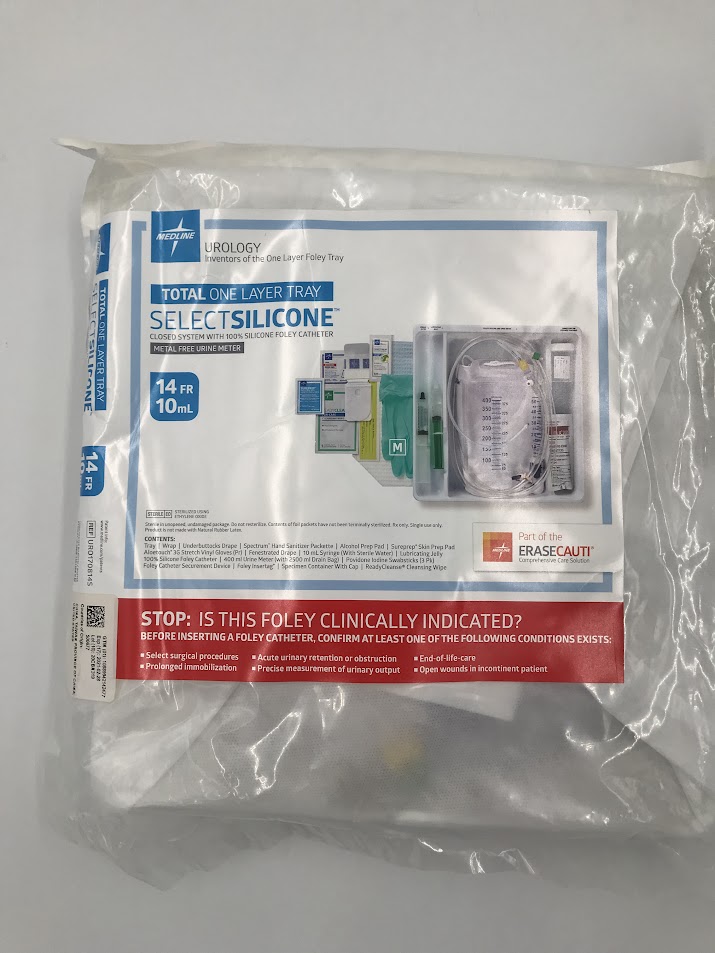 MEDLINE URO170814S Urology Silicone 100% Silicone Foley Catheter Tray Pre-Connected To Drainage Bag 14fr 10ml (X)