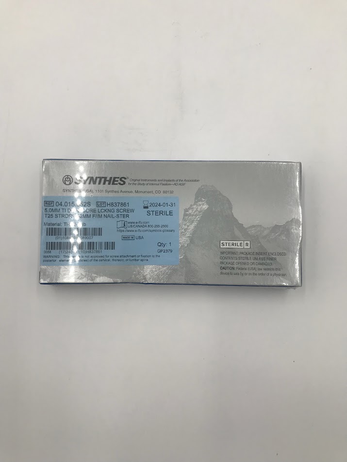 SYNTHES 04.015.552S 5.0mm Ti Dual Core Lcking Screw T25 Strdrv 62mm F/Im Nails-Ster (Sterile) (X)