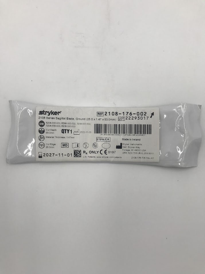 STRYKER INSTRUMENTS 2108-176-002 2108 Series Sagittal Blade, Ground (25.0mm x 1.47mm x 93.0mm) (X)