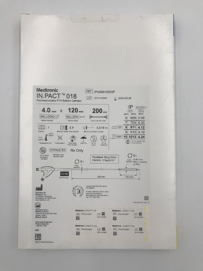 MEDTRONIC IPU04012020P IN.PACT 018 Paclitaxel-Coated PTA Balloon Catheter 4.0mm x 120mm x 200cm (X)