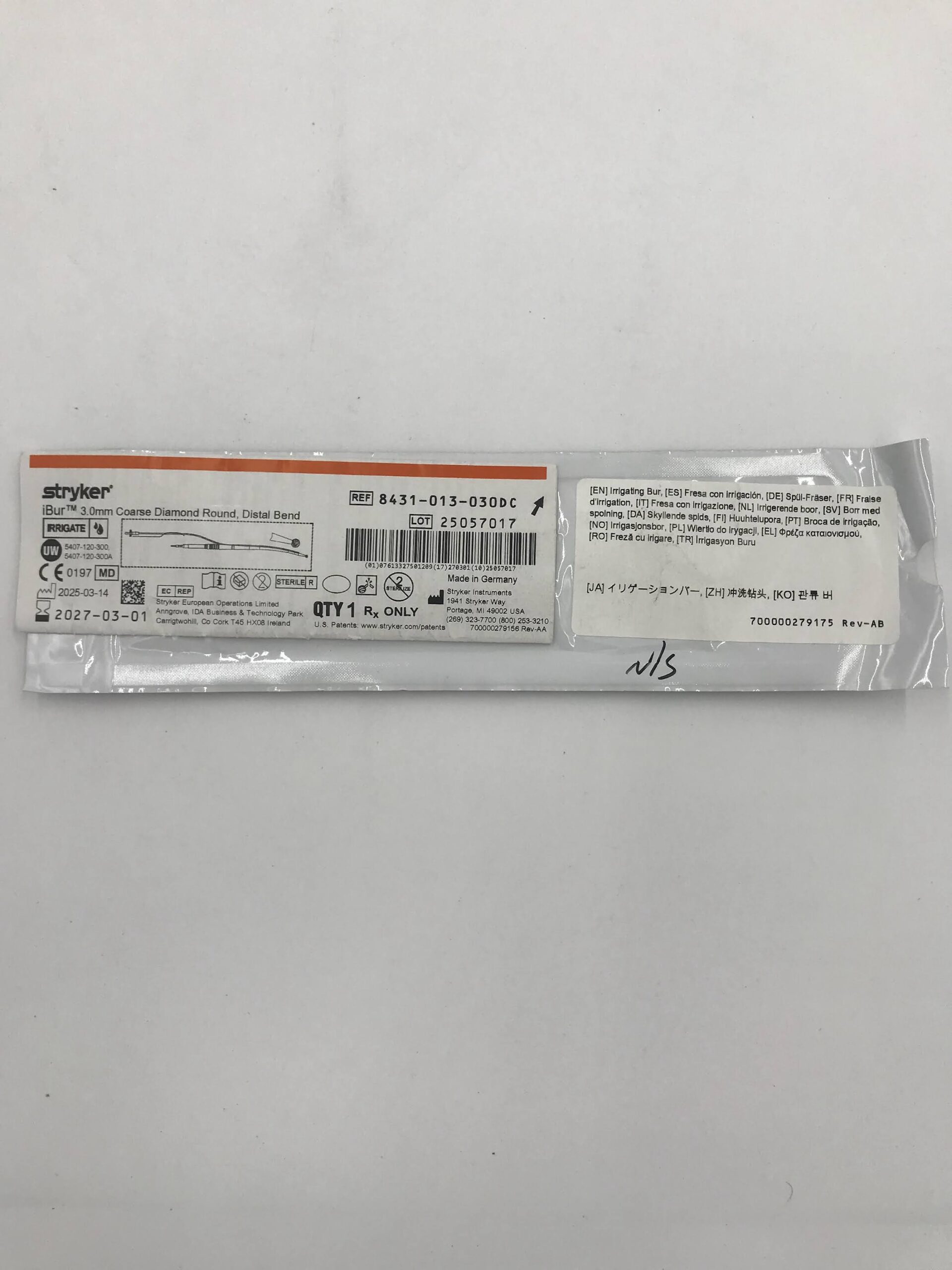 STRYKER INSTRUMENTS 8431-013-030DC 3.0mm Coarse Diamond Round, Distal Bend