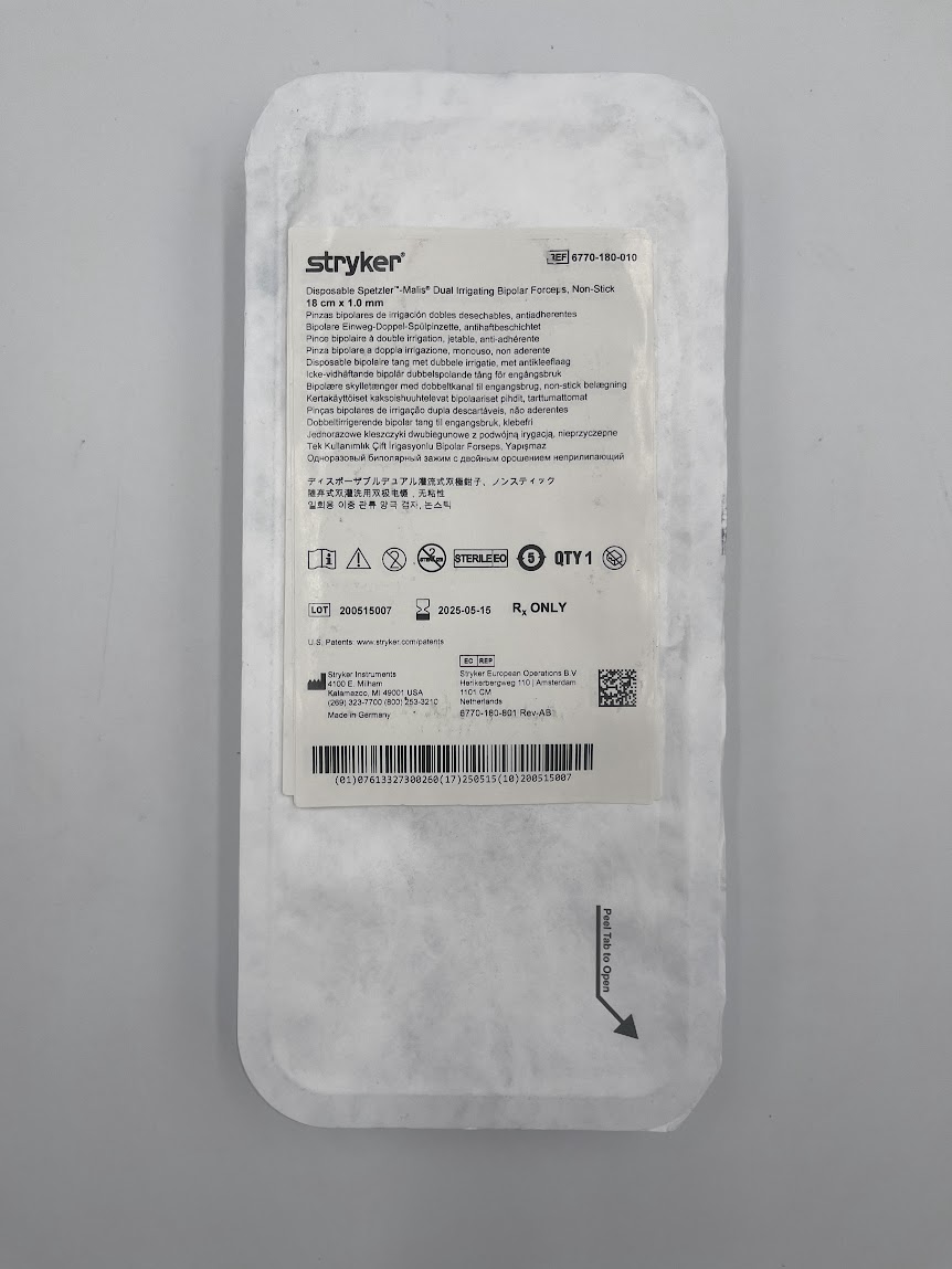 STRYKER 6770-180-010 Disposable Spetzler Malis Dual Irrigating Bipolar Forceps, Non-Stick 18cm x 1.0mm (X)