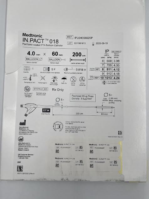 MEDTRONIC IPU04006020P In.Pact 018 Paclitaxel-Coated PTA Balloon Catheter DIAM. 4.0mm X Length 60mm X Usable Catheter Length 200cm (X) - Image 2