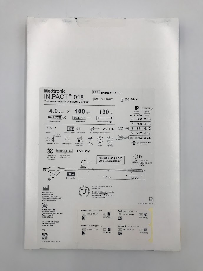 MEDTRONIC IPU04010013P In.Pact 018 Paclitaxel-Coated PTA Balloon Catheter DIAM. 4.0mm X Length 100mm X Usable Catheter Length 130cm (X)