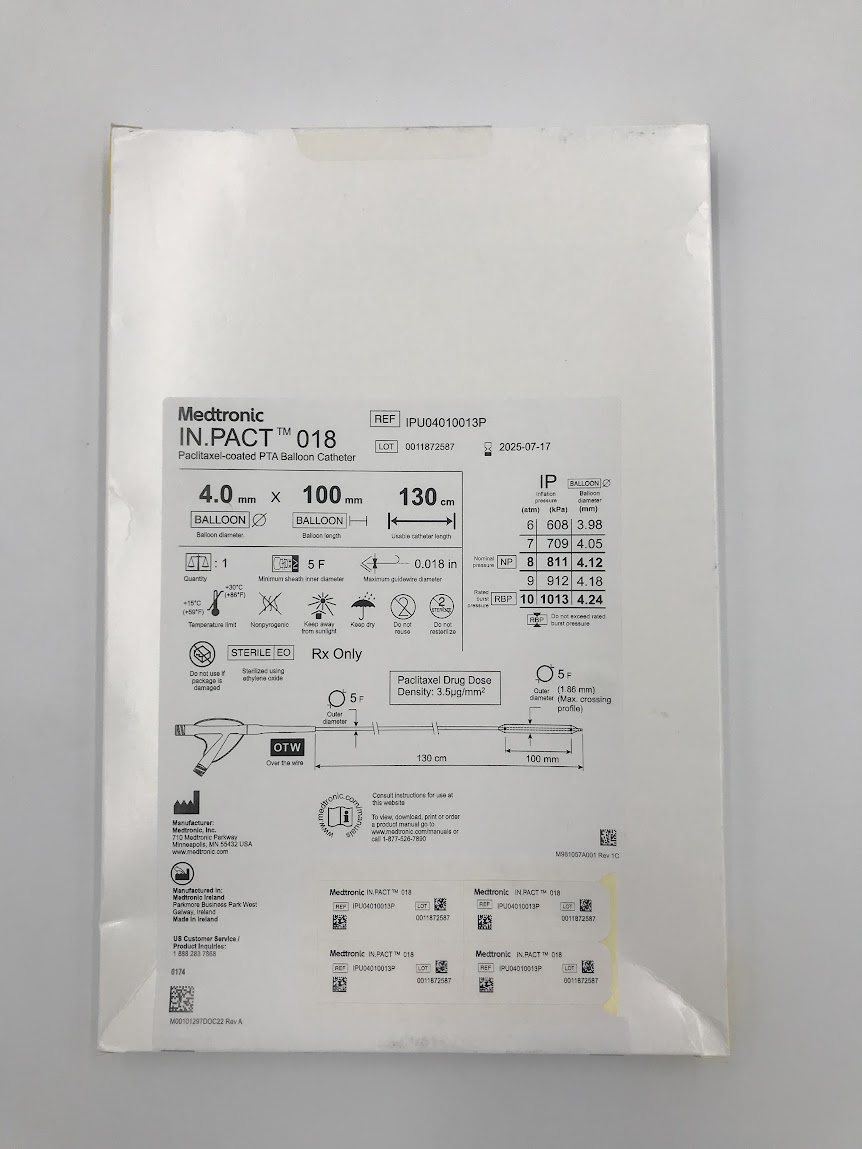 MEDTRONIC IPU04010013P In.Pact 018 Paclitaxel-Coated PTA Balloon Catheter DIAM. 4.0mm X Length 100mm X Usable Catheter Length 130cm (X)