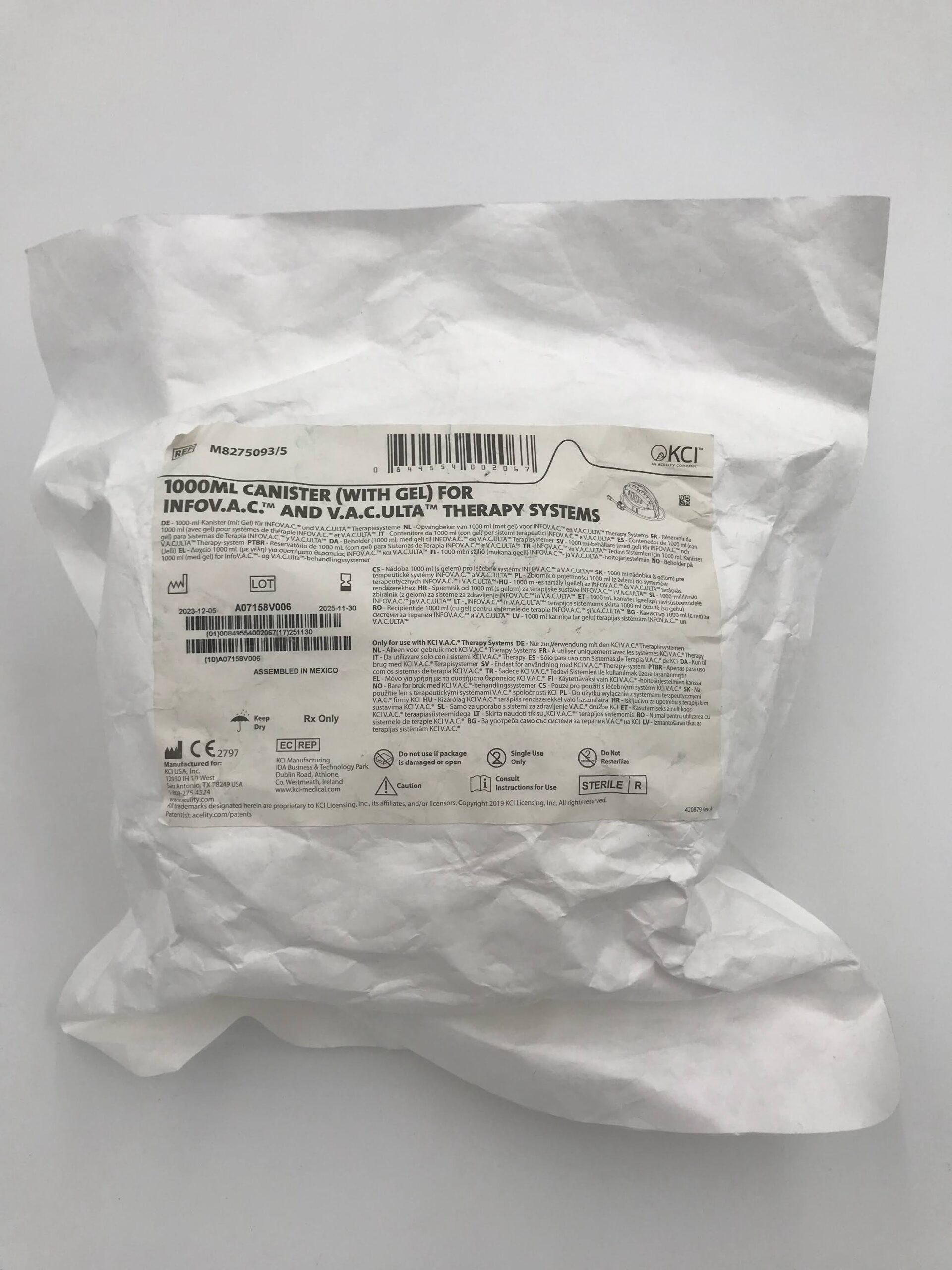 KCI M8275093/5 1000ml Canister W/gel For Infovac And V.A.C. Ulta Therapy Systems (X)