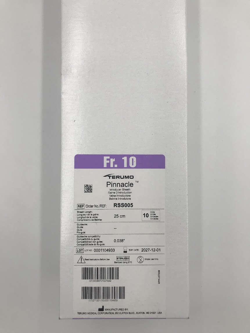 TERUMO RSS005 PINNACLE 10FR Introducer Sheath. Sheath Length: 25cm Guidewire: 0 Guidewire Compatibility: 0.038" (Box/10)
