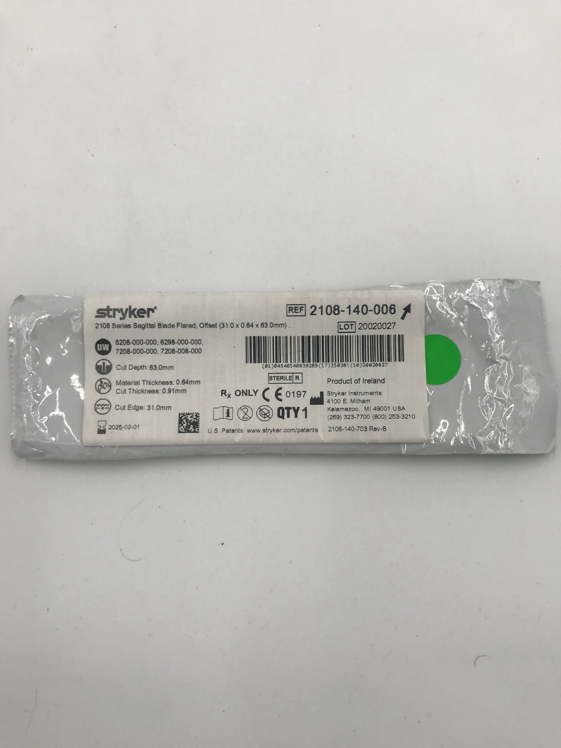 STRYKER INSTRUMENTS 2108-140-006 2108 Series Sagittal Blade Flared, Offset (31.0 x 0.64 x 63.0mm) (X)