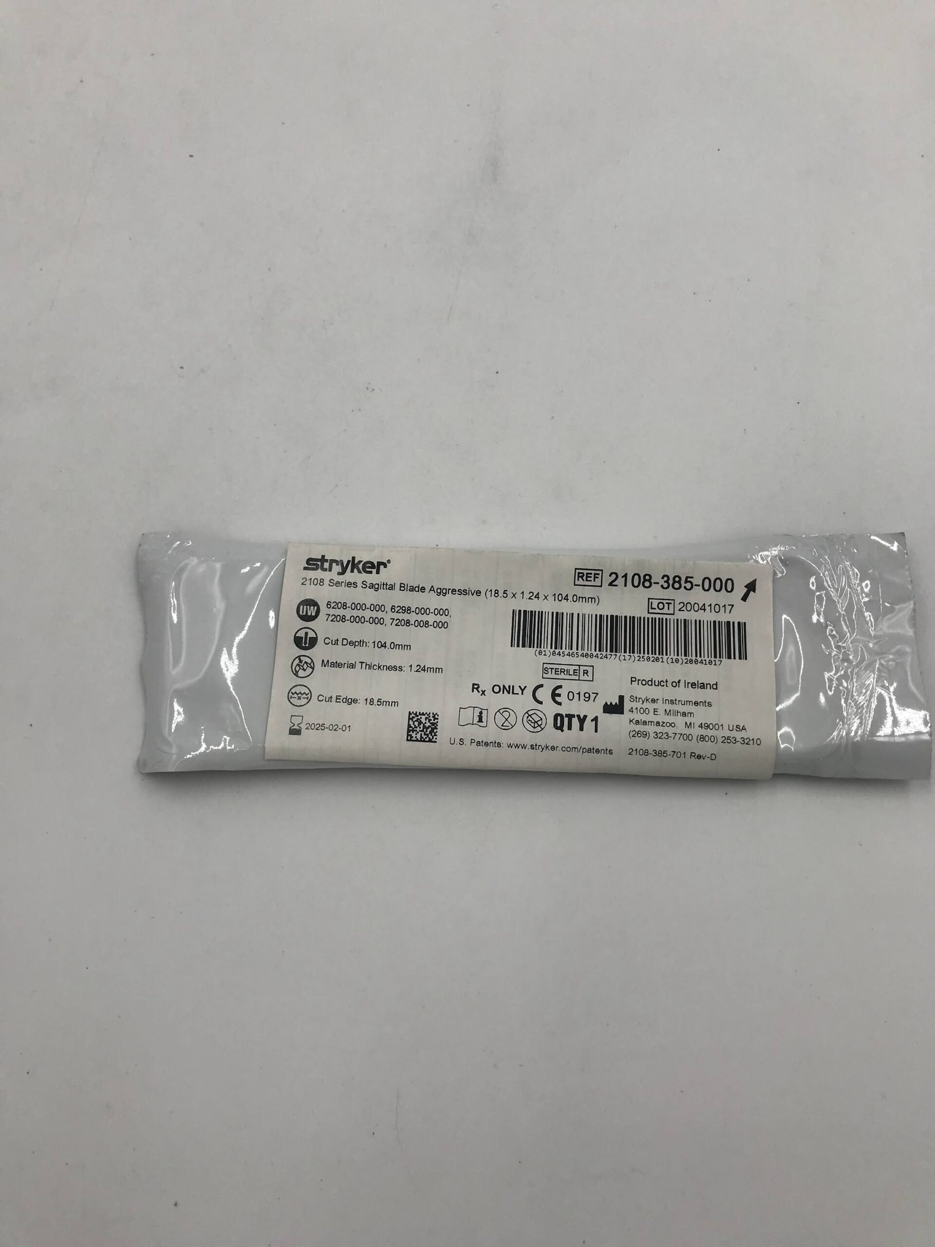 STRYKER INSTRUMENTS 2108-385-000 2108 Series Sagittal Blade Aggressive (18.5 x 1.24 x 104.0mm) (X)