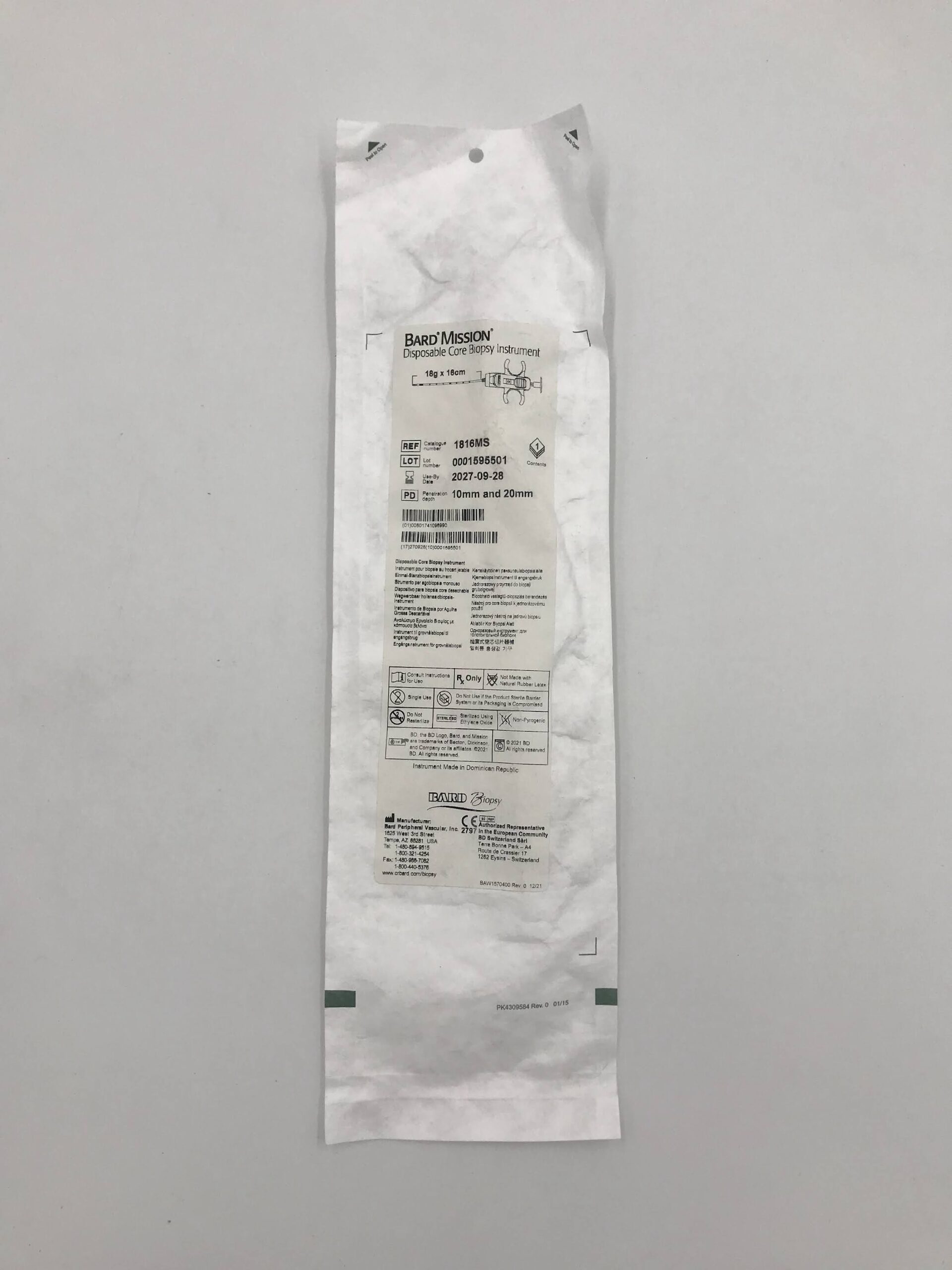 BARD 1816MS Disposable Core Biopsy Instrument 18g x 16cm