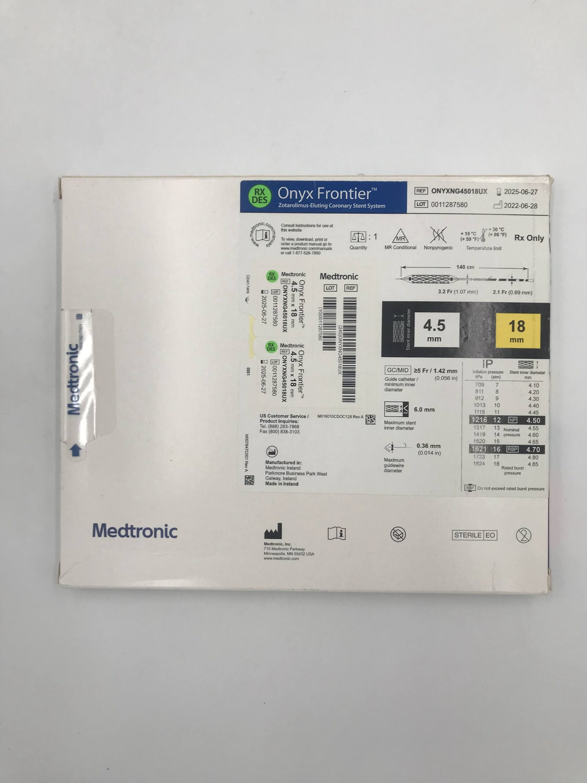 MEDTRONIC ONYXNG45018UX Onyx Frontier Zotarolimus-Eluting Coronary Stent System Stent I.D. 4.0mm x Stent Length 18mm (X)