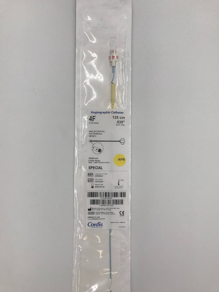 CORDIS SRD5284 Angiographic Catheter 4F Angled Pigtail 145deg 125cm 0.038" Open End 6 Sideholes (X)