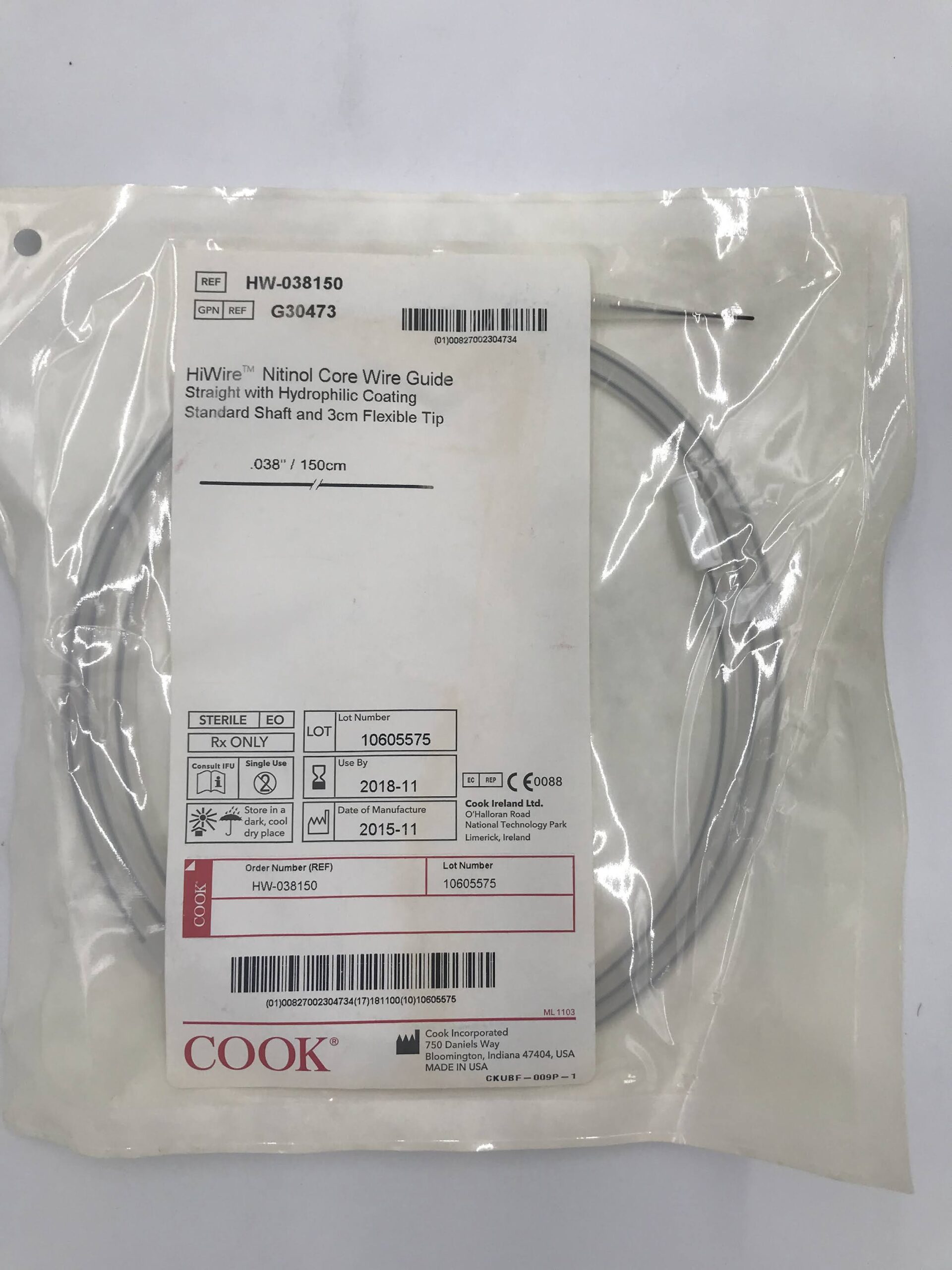 COOK G30473 HiWire Nitinol Core Wire Guide Straight w/Hydrophilic Coating Stiff Shaft and 3cm Flexible Tip 0.038"/ 150cm (X)