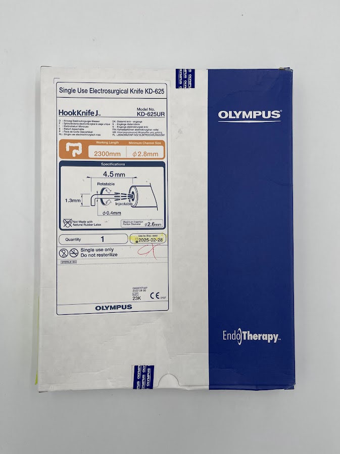 OLYMPUS KD-625UR HookKnife J Single Use Electrosurgical Knife Working Length: 2300mm Minimum Channel Size: 2.8mm (X)