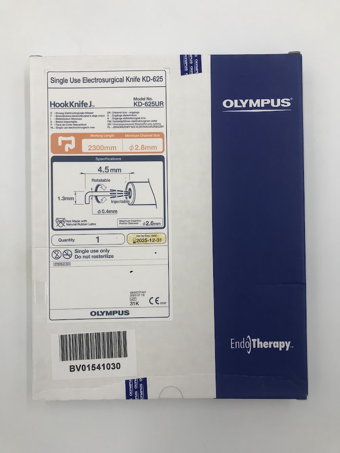 OLYMPUS KD-625UR HookKnife J Single Use Electrosurgical Knife Working Length: 2300mm Minimum Channel Size: 2.8mm (X)