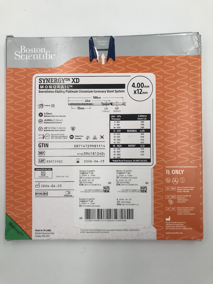 BOSTON SCIENTIFIC 394181240 Synergy XD Monorail Everolimus-Eluting Platinum Chromium Coronary Stent System 2F-2.7F x 4mm x 12mm (X)