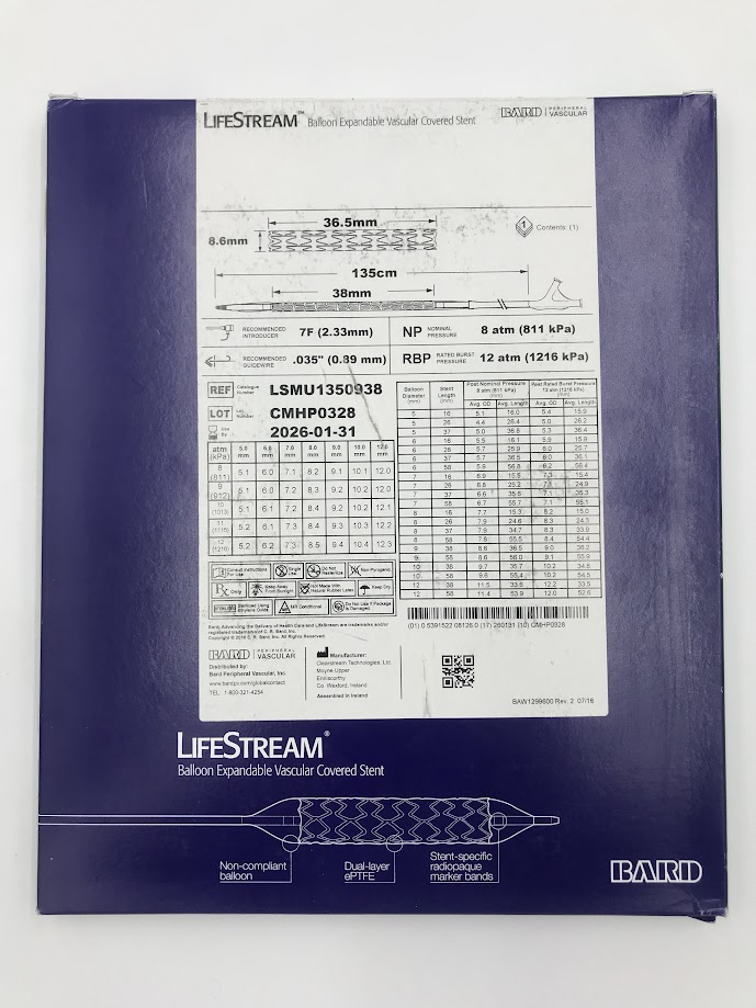 BARD LSMU1350938 Lifestream Balloon Expandable Vascular Covered Stent 7F 38mm x 8.6mm x 135cm (X)