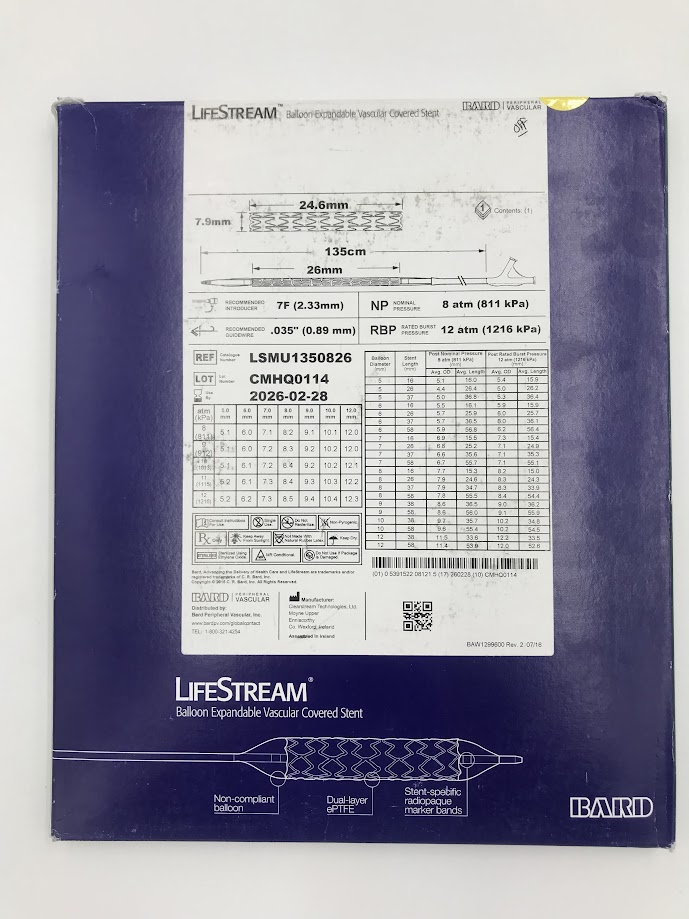 BARD LSMU1350826 Lifestream Balloon Expandable Vascular Covered Stent 7.9mm x 26mm x 135cm (X)