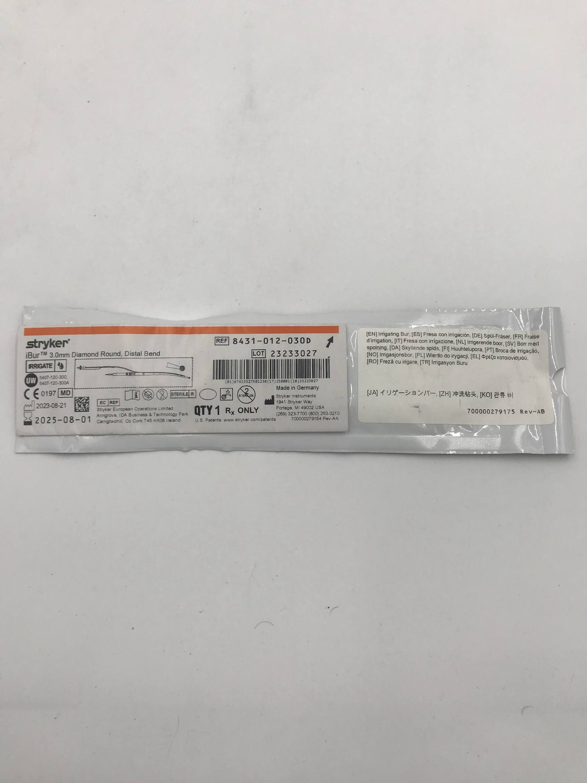 STRYKER INSTRUMENTS 8431-012-030D 3.0MM COARSE DIAMOND ROUND, DISTAL BEND (X)
