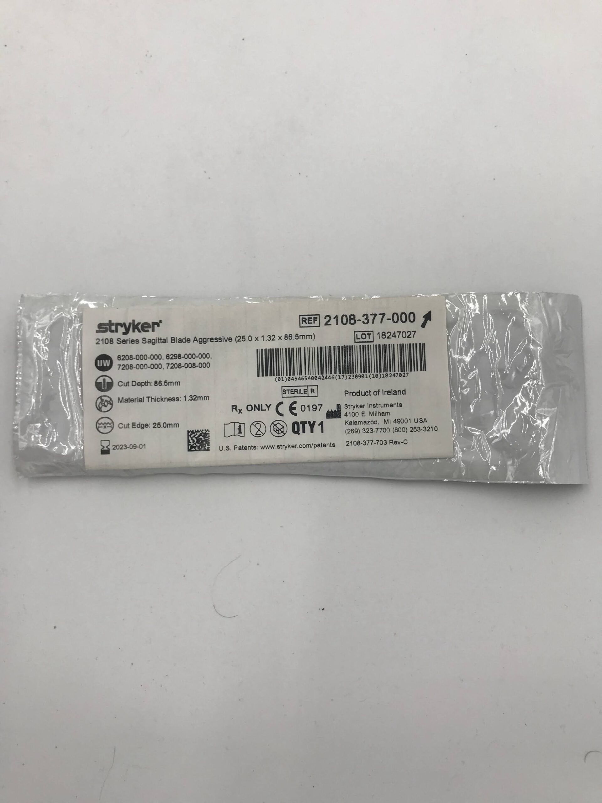 STRYKER INSTRUMENTS 2108-377-000 2108 SERIES SAGITTAL BLADE AGGRESSIVE (25.0 X 1.32 X 86.5MM) (X)