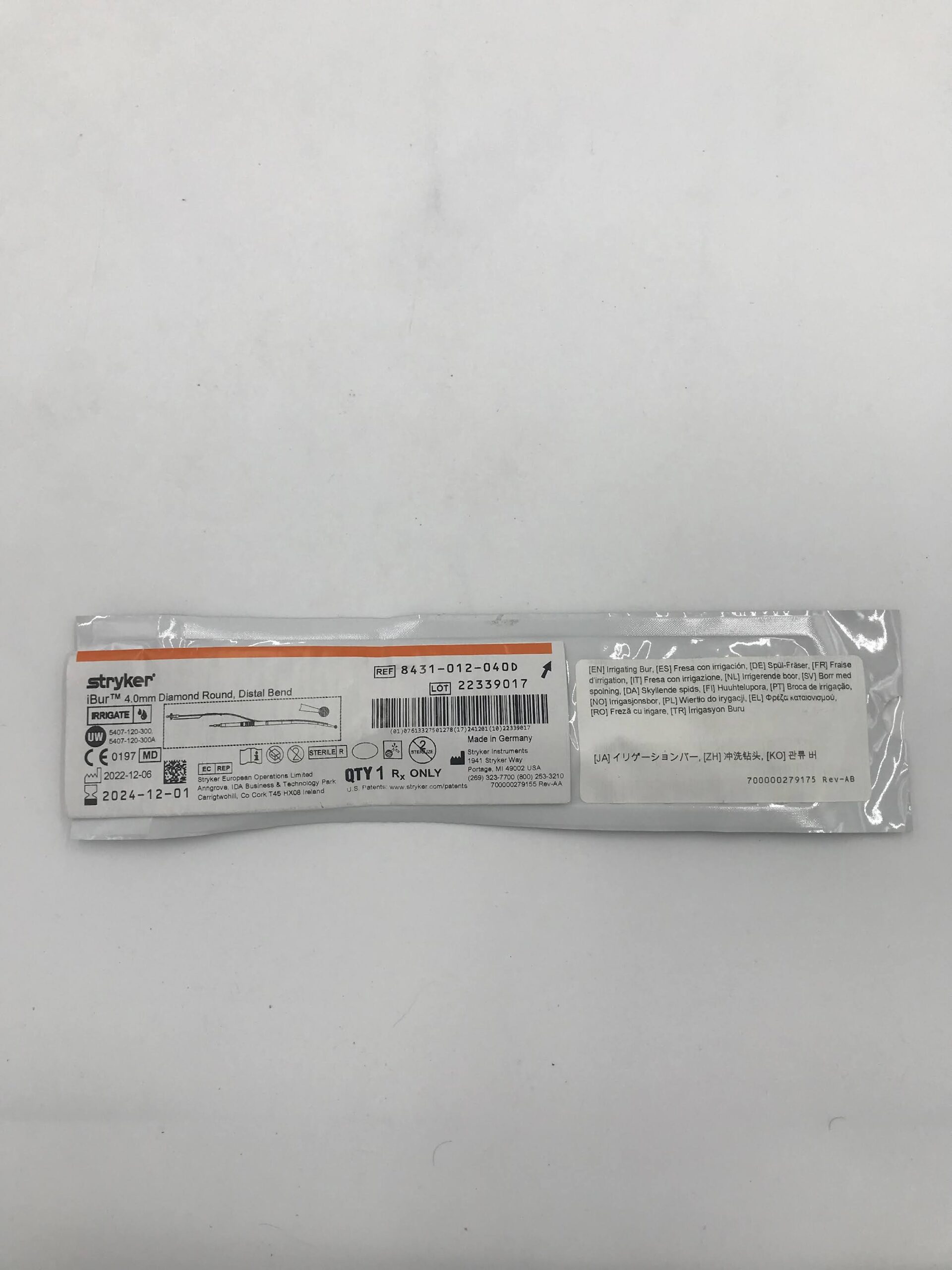 STRYKER INSTRUMENTS 8431-012-040D 3.0MM COARSE DIAMOND ROUND, DISTAL BEND (X)