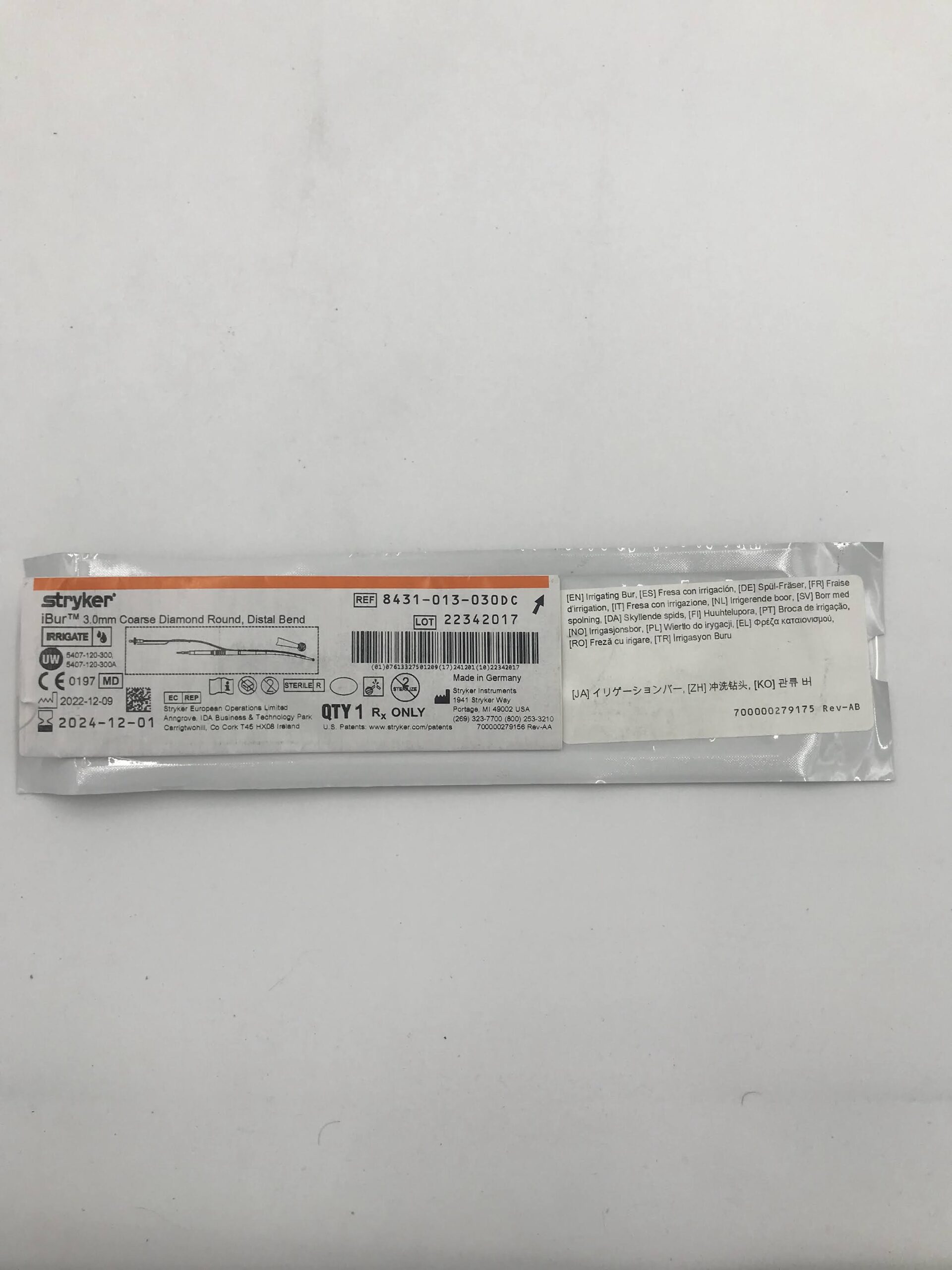 STRYKER INSTRUMENTS 8431-013-030DC 3.0MM COARSE DIAMOND ROUND, DISTAL BEND (X)